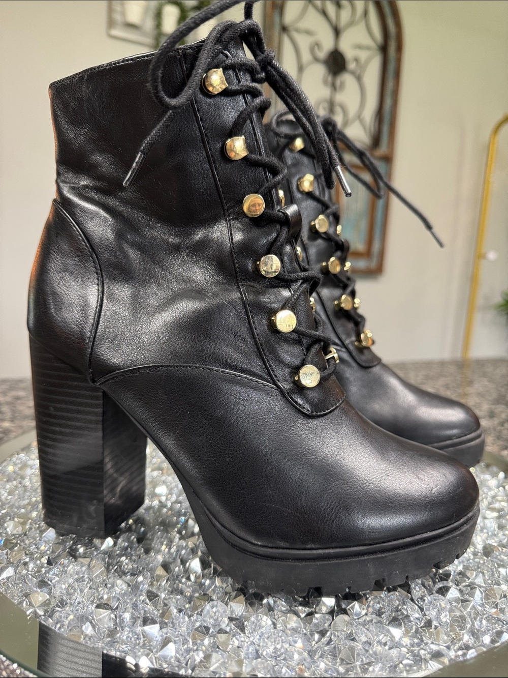 Express Black Lace-Up Platform Ankle Boots with Gold Hardware